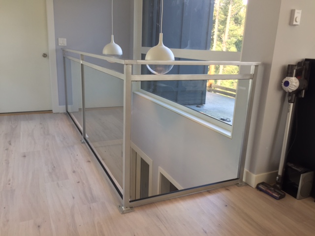 contemporary interior glass railing, silver, vancouver